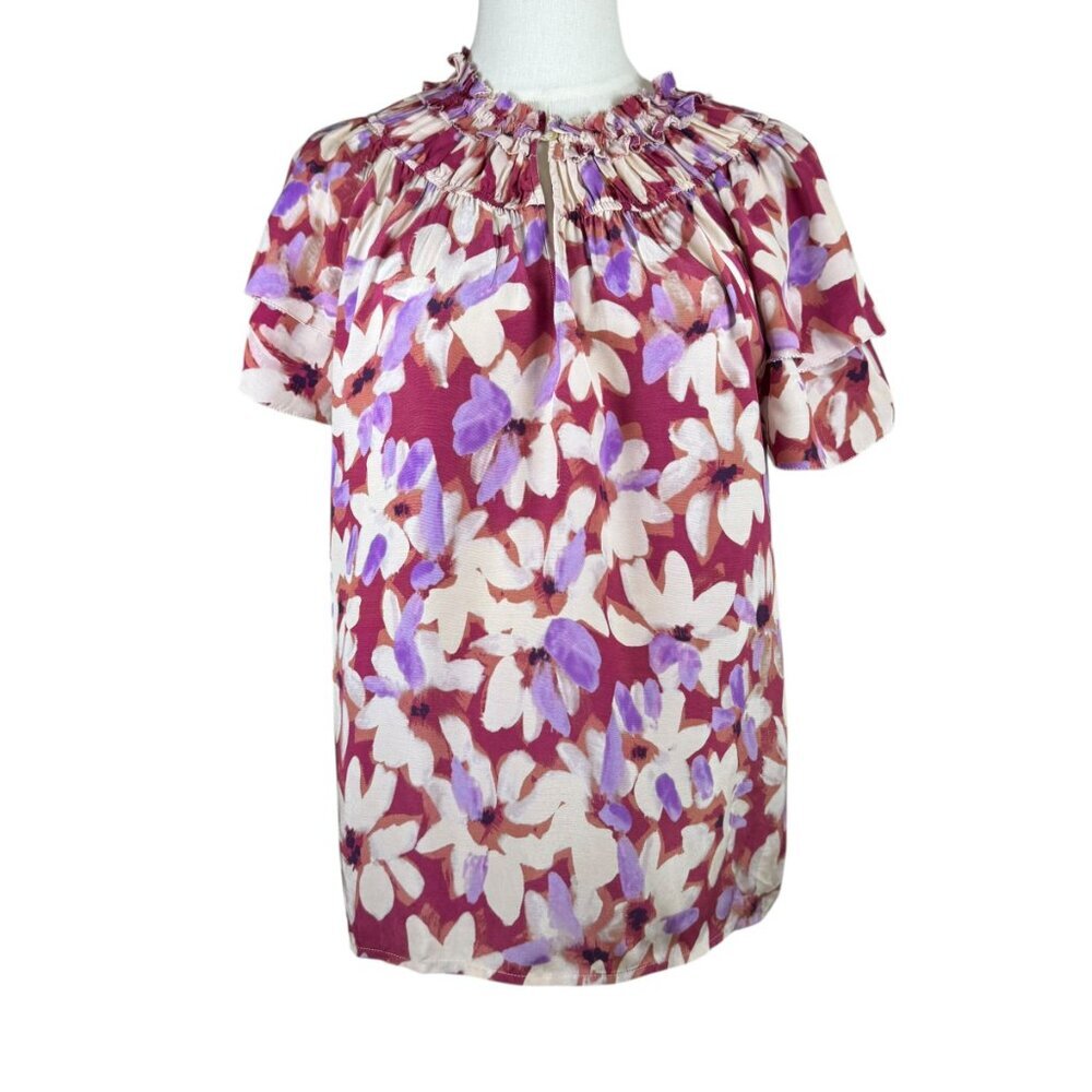 Rails Camilla Floral Ruffle Neck Blouse SZ:S –Burgundy Purple Daisy Print | NWT